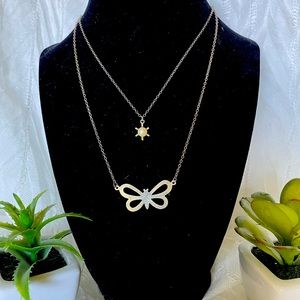 Gold metal tone butterfly, white faux pearl pendant with fine antique chain